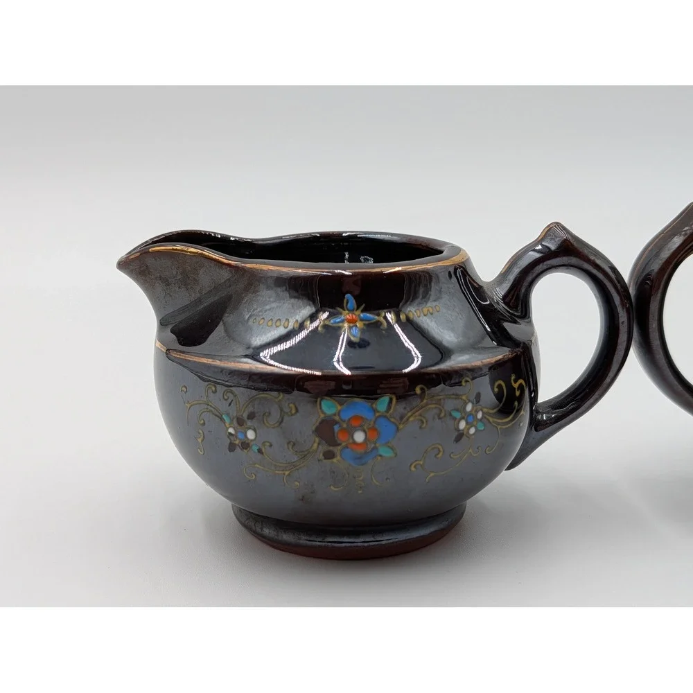 Vintage Japan Ceramic Creamer Pitcher‎ and Sugar Bowl with Lid Floral Accents